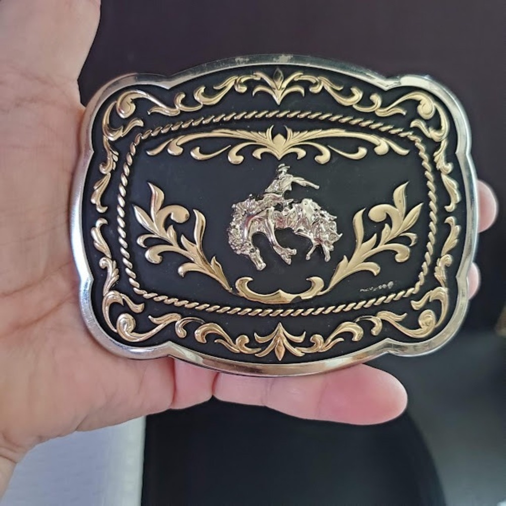ALSA Western Belt Buckle Silver Gold Tone Bucking Bronco Rodeo Cowboy Black Base